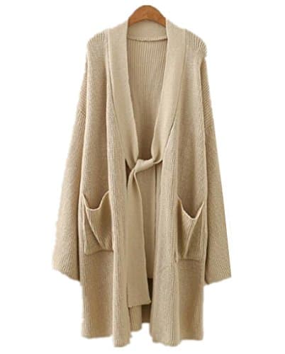 Season Show Women's Plus Size Open Front Pockets Knit Midi Long Cardigan Sweater Beige One Size