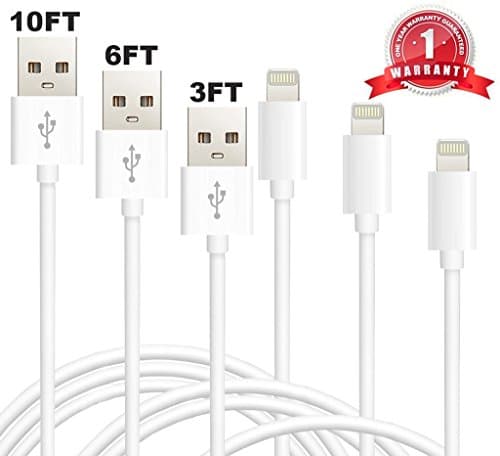 Aasama Lightning Cable 3 Pack 3 / 6 / 10 Feet 8 Pin to USB Sync and Charging Cord for iPhone, iPad, iPod (White)