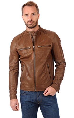 Fab Leather Men's Lambskin Leather Original Leather Bomber Biker Jacket Small Brown