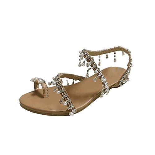 Sonnena Sandals,Women's Summer Boho Flat Peep-Toe Flip Flops Rhinestone Beaded Shoes with Ankle-Strap