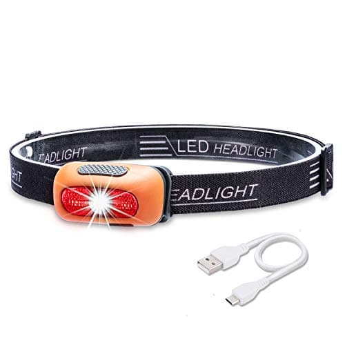 Akale Rechargeable Head Torch, Super Bright Led Headlamps, 5 Modes, White & Red LED, 160LM, Water Resistant, for Running, Camping, Hiking & Fishing, USB Cable Included, Orange