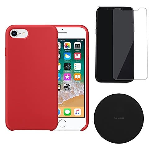 Ultimate iPhone 8 Bundle - All of Your Smartphone Needs! 1. Premium Silicone Gel Rubber Protective Case, 2. 9H Glass Screen Protector, 3. Slim 10W Wireless Charger (Red)