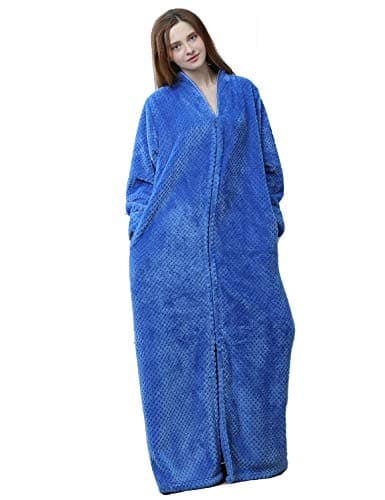 Women's Zip Front Bathrobe Premium Flannel Fleece Plush Caftan Soft Long Robe Warm Housecoat