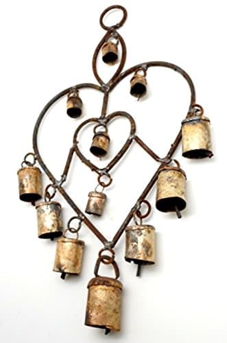 Wrought Iron Decorative Rustic Heart Shaped Wind Chime with 12 Rusted Bells