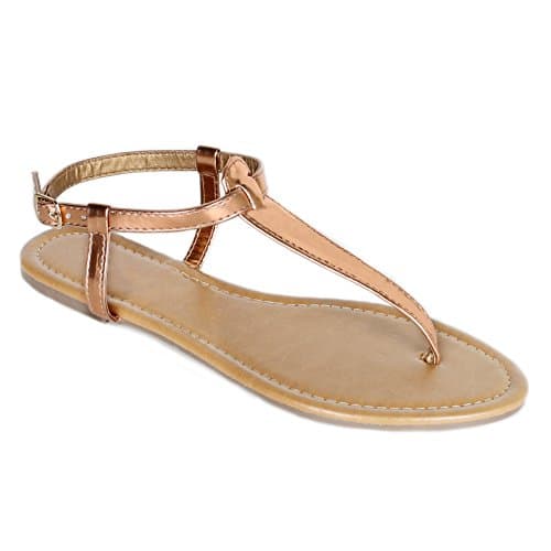 Women's T Strap Thong Gladiator Strappy Jelly Shiny Flat Flip Flops Sandals (8, Rose Gold)