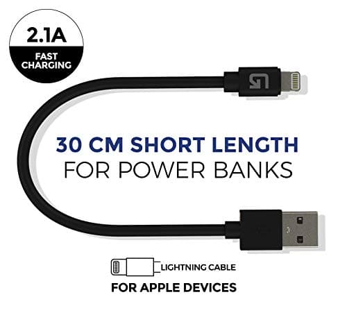 GoFree Short USB Cable for iPhone, iPad & iPod [for Power Bank Charging] (30cm, Black)