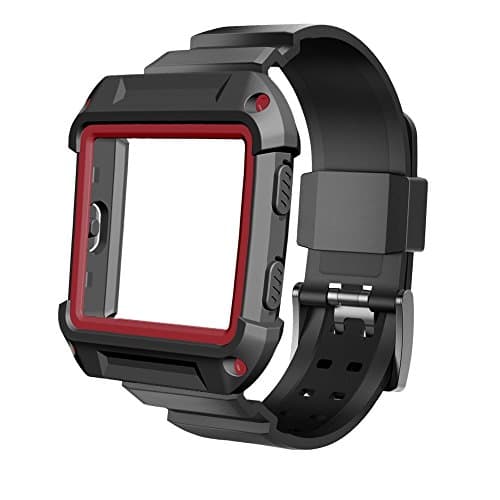 Bands with Case Compatible for Fitbit Blaze, Silicone Sports Replacement Strap Band and Rugged Pro Resistant Protective Cover Accessory Compatible with Fitbit Blaze Smart Fitness Watch (Black/Red)