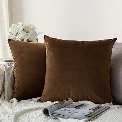 MRNIU Decorative Pillowcases Solid Throw Pillow Covers Soft Velvet Plush Cushion Cover for Square Pillow (Brown, 18 x 18 in)