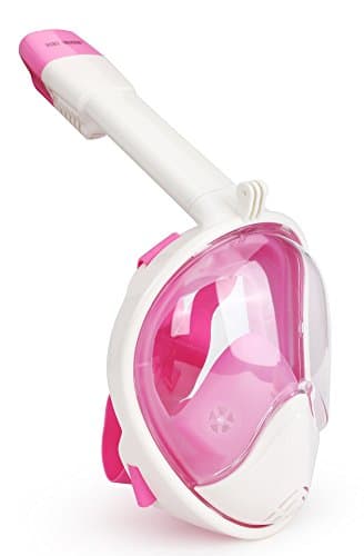 GoPro Compatible Snorkel Mask- Panoramic Full Face Design. See More With Larger Viewing Area Than Traditional Masks. Prevents Gag Reflex with Tubeless Design (pink white, L/XL)