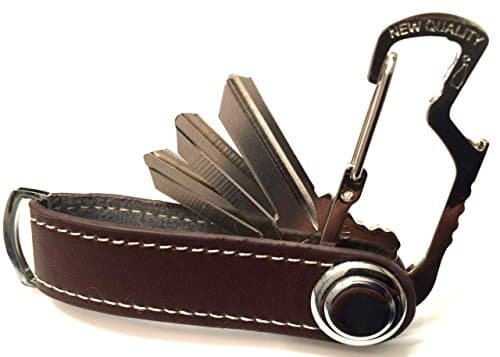 NEW QUALITY Real Leather Smart Key Tag Holder Perfect Gift Modern Organizer with Efficient Carabiner (Brown)