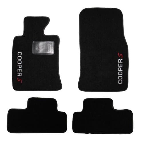 2002 - 2006 Mini Cooper S OEMBLACK Floor Carpet Mats Matting (Two Piece Front and Two Piece Rear Mats) with COOPER S Embroidery Monogram - comes with driver side protective heel pad