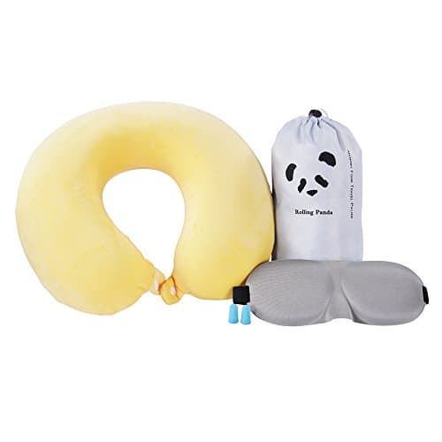 Rolling Panda-100% Pure Memory Foam Travel Neck Pillow With Sleep Mask, Earplugs, Carry Bag - Washable Cover (Yellow)