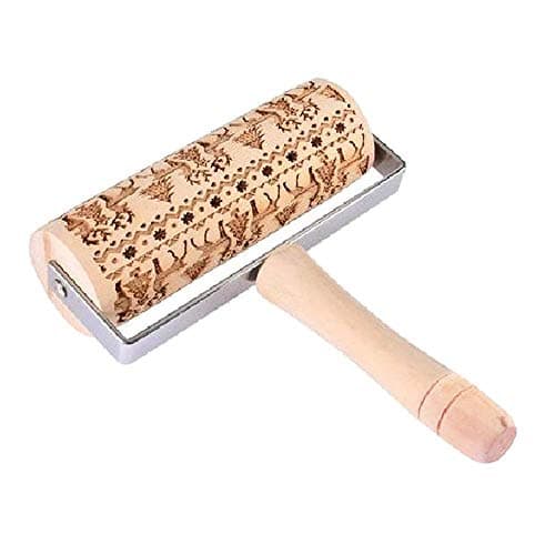 Perfuw Embossed Rolling Pins, Deer Wood Dough Roller, Natural Safe Wax Free Baking Roller, Easy Grip Handles For Christmas Hand Rolling, Dough, Pizza, Pastry, Cookie 5.5 By 7.1 Inch