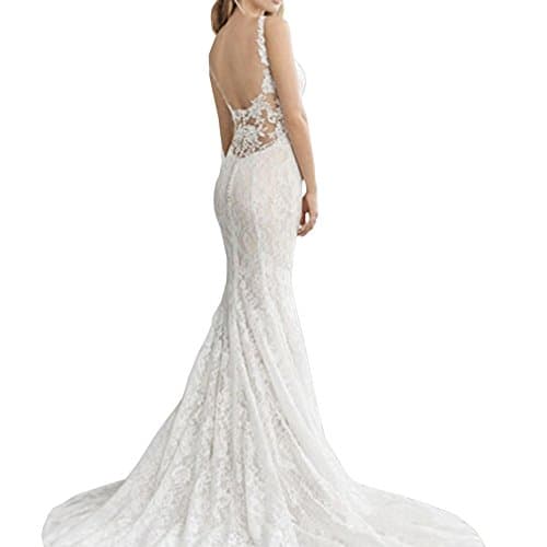 Happy Ever Women's V-neck Backless Slim Long-tail Lace Floral Bride Wedding Dresses M4 (White,Custom size)
