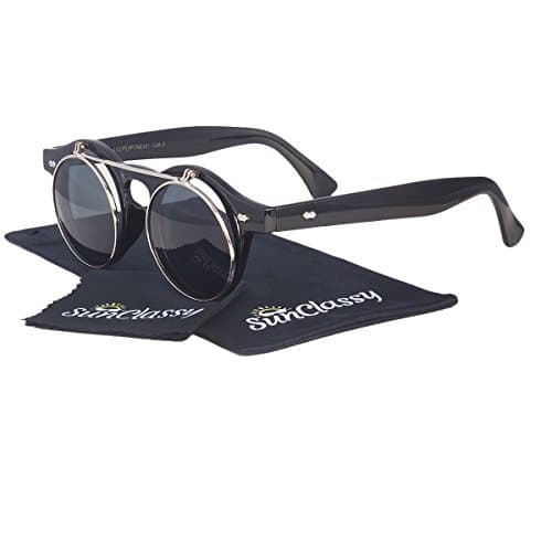Sunclassy Plastic Round Frame Flip Up Oval 48mm Hipster Round Black Sunglasses Vintage Retro Steampunk Gothic Hippie Circle Retro Django Levante Gafas De Sol Block UVA UVB UVC (Silver)