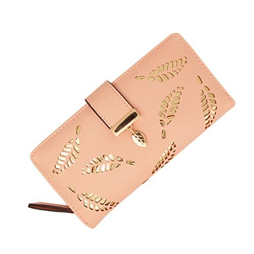 Uopen Womens Ladies Leather Wallet Purse Hollow Leaf Pattern Bifold Zipper Handbag Button Clutch Bag,Gift Boxed