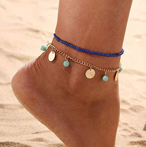 Boho Ankle Bracelets Gold Layered Anklet Sequins Turquoise Ankle Foot Chain Beach Foot Jewelry for Women and Girls