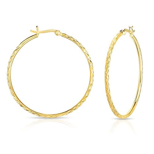 925 Solid Sterling Silver Tubular Diamond-Cut Hoop Earrings. (14K Yellow Gold Plated)