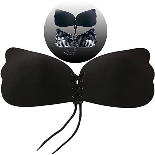 Women's Backless Bra Self Adhesive Reusable Silicone Strapless Push up Bra (cup G, Black)