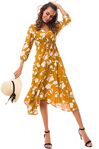 Tsher Women's Deep V-Neck 3/4 Sleeve Beach Holiday Dress Floral Print Flowy Party Dress 0058