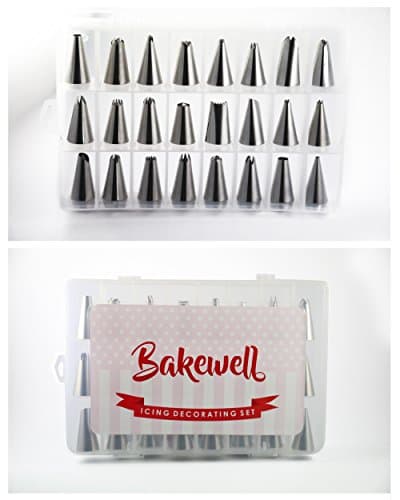 Bakewell- Professional Icing Cake Decorating Set - 24 Piece Stainless Steel Piping Tips, 2 Couplers, 2 Reusable Silicone Pastry Bags, 5 Disposable Icing Bags + BONUS eDesign Book &amp; Cleaning Brush