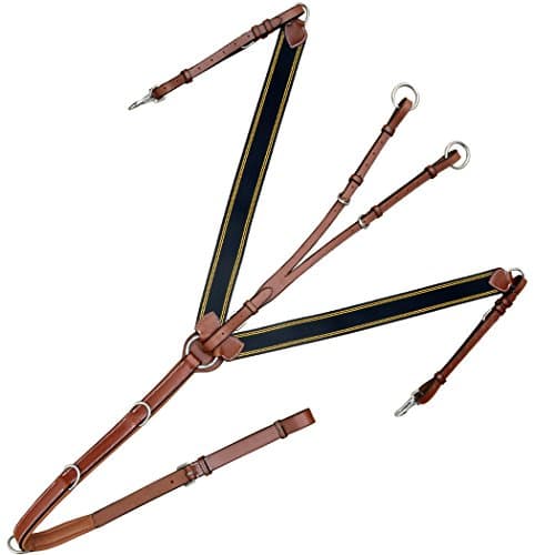 Exion Padded Heart Shape Elastic Breast Plate with D-Rings and Stainless Steel Buckles | Navy Blue Elastic with Yellow Lines | English Horse Riding Equestrian Premium Tack |