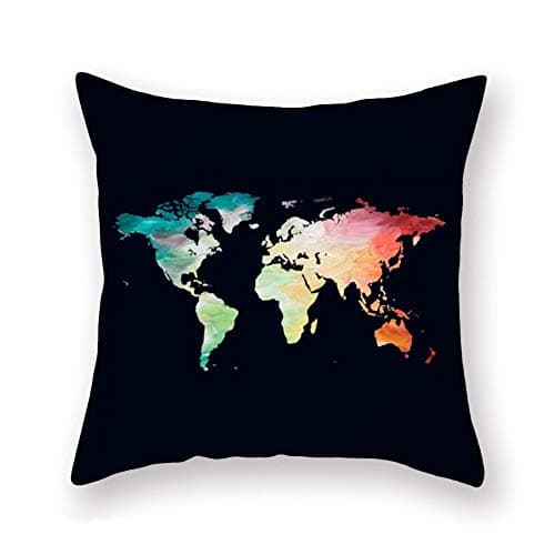 Colorful World Map Throw Pillow Covers Black Backdrop Travel Pillow Cases Geography Theme Home Living Room Decor Super Soft Cushion Cove Square Standard 18x18 Inches
