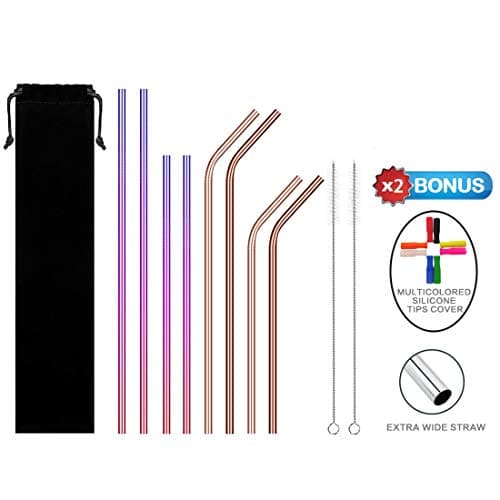 9 Pack Reusable Drinking Straws 8 PCS Colorful Stainless Steel Metal Straws and One Extra 1/2" Wide Drinking Smoothie Straw with Silicone Tips Three Cleaning Brushes and Pouch