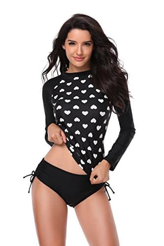 Women's 2PC Long Sleeve 3D Heart Beach Surf Guard Athletic Rash Guard UV Sun Protection Swimsuit