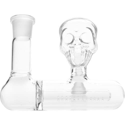 SCIENTIFIC LAB EQUIPMENT 12-1580, ASH HOLDER INLINE PERC SKULL FACE DESIGN 45 ANGLED JOINT CLEAR MALE 18MM