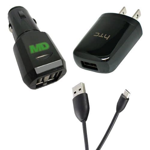 Original HTC OEM USB/ Micro USB Data Cable Dc-M400 New For HD2, HD mini, Aria, Legend, Desire A8181, Wildfire, 4G Evo Supersonic, Droid Incredible with HTC Micro USB AC Travel Charger Adapter and Malcom Distributors Dual USB Port Car Charger Power Adapter