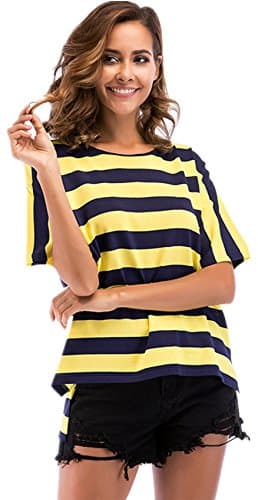 Arctic Cubic Short Sleeve Colorblock Striped Stripe Side Split Slit High Low Hem Blouse Shirt T-Shirt Tee Boxy Top Black Yellow M