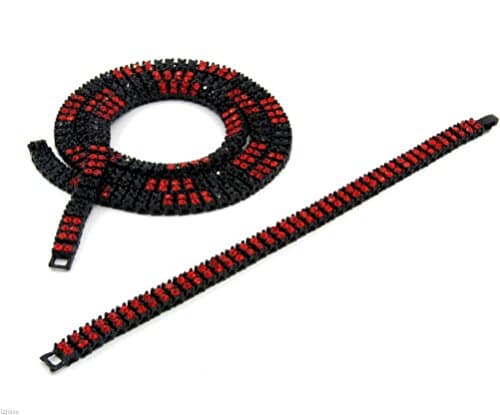 POPLife Black Red Plated Iced Out 30" 2 Row Simulated Hip-Hop Chain &amp; Bracelet