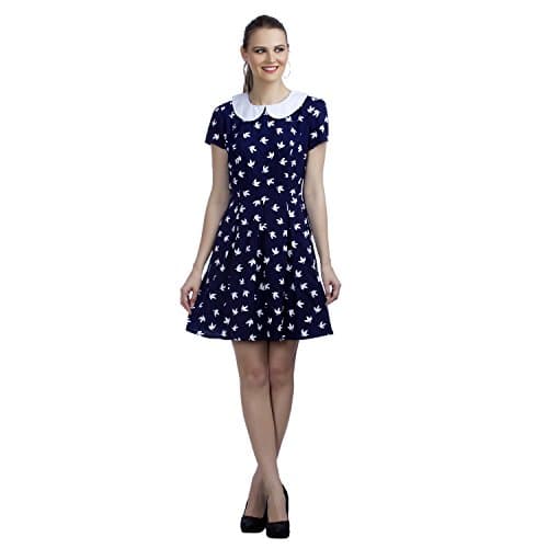 PepTrends Women's Blue and White Poly Crepe Peter Pan Collar Dress(Small to XL)