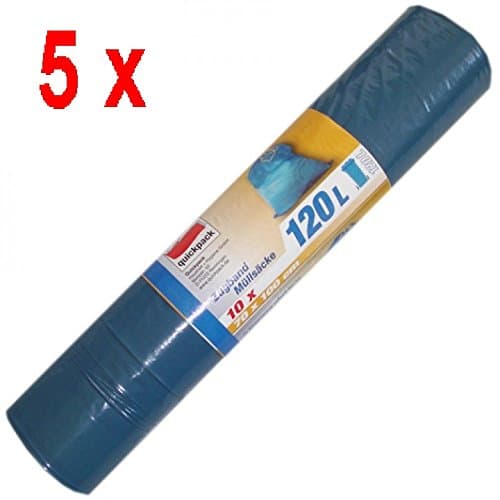 5 x Pack of 10 Extra Strong Bin Bags 120 Litre, 70 x 100 cm with Ties on a Roll – Blue