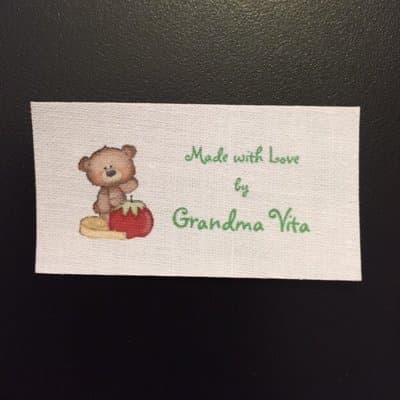 40 Custom fabric flat sew on sewing labels with cuddly bear and tape measure graphic