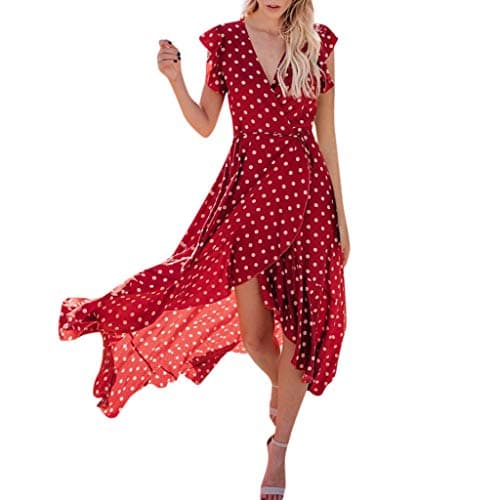Vamoro Womens Dots Boho Mini Dress Lady Beach Summer Sundrss Maxi Dress Dot Solid Color Beach Mini Shirt Dress