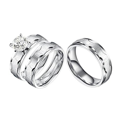 Castillna 3 Piece His and Hers Wedding Set, Brushed Stainless Steel Wedding Engagement Ring Band Sets for Women and Men