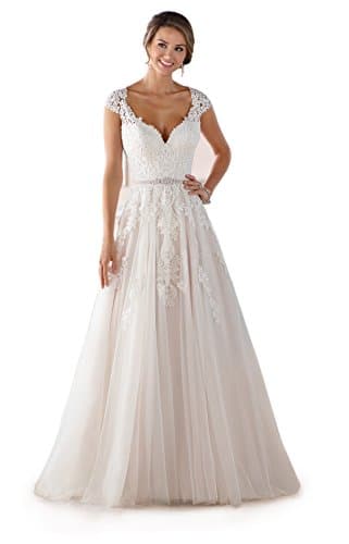LadyFirst Women's Lace Caps A-Line V-Neck Button Back Bodice Spring Wedding Dress Lvory 22w