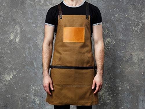 Work Apron in Non-Waxed Canvas with Cross Straps Adjustable for Most Waist Sizes for Men Women Vintage Heavy Duty Apron for Butcher, Barber, Metal Working (Camel/Wheat)