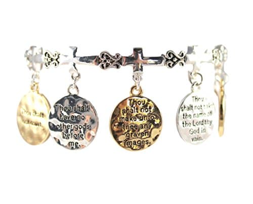 Ten Commandment Coin Charm Bracelet Stretch Silver and Gold Tone Includes Bookmark
