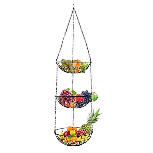 Knowled 3 Tier Fruit Basket for Hanging – 100 cm Kitchen Basket for More Space on Your Worktop – Metal Fruit Bowl – Kitchen Decorative Storage Basket (Black)