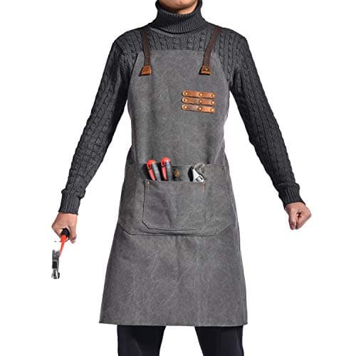 Canvas Work Apron with Pockets for Men & Women| Heavy Duty Tool Apron Adjustable Cross-Back Straps Shop Apron M to XXL(Grey)