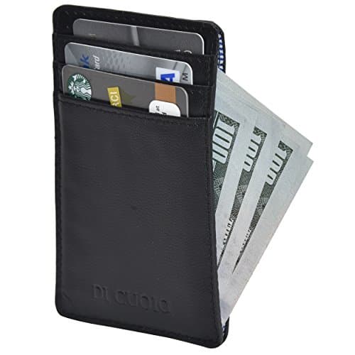 Slim leather wallet credit card case sleeve with ID Window with front pocket RFID blocking … (Black)