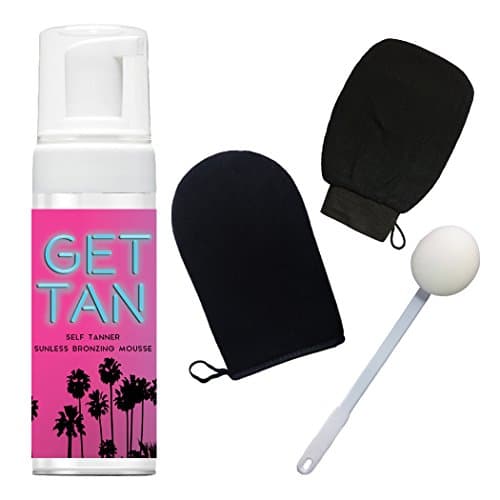 Get Tan Natural and Organic Self Tanner Sunless Tanning Kit Includes 8 Ounce Foam Mousse, Plush Microfiber Applicator Mitt, Premium Exfoliator Mitt, and Back Applicator