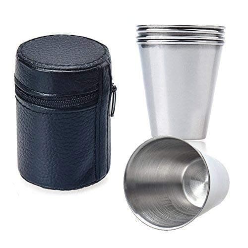 Cloudaby 4 pc Strong Stainless Steel Glass Set Small with Leather Pouch (Best Use During Travel)