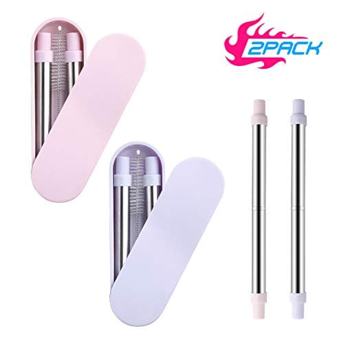 Yassk 2 Pack Reusable Straws 9 inch Telescopic Drinking Stainless Steel Metal Straws with Sliding Case & Cleaning Brush (Pink-Blue)