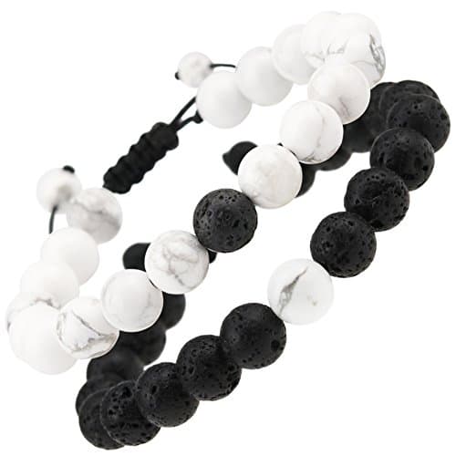 Aromatherapy Jewelry Essential Oils Diffuser Bracelets Adjustable for Women Men Kids Boys Girls Couples Lava Stone Rock/White Howlite Lava Beads Diffuser Bracelet Black,pack of 2(M)