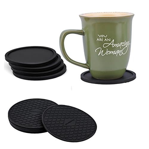 Good Quality Silicone Coasters Set of 10 Black Modern Design Best Holders for Beer/Coffee Cup 3.9 inch Each of Two Different Styles and a Soft Cloth Pouch