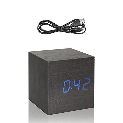 Copoluck Wooden Cube Digital LED Alarm Clock Sound Control Small Square Desk Clock Date Time and Temperature Displaying, Bedside Click Clock for Home Office Kids (Blue Light)